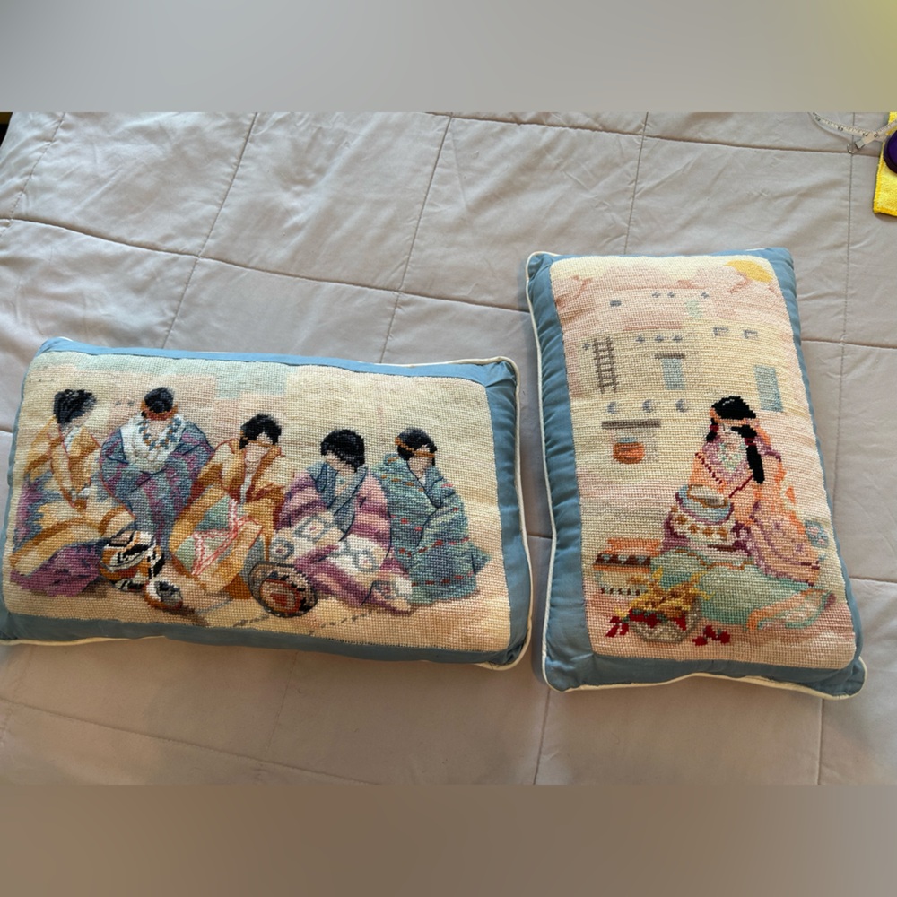 Vintage needlepoint by hand- two Native American pillows.